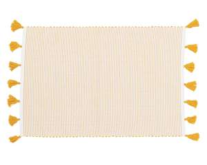 Mustard yellow striped placemat with tassels

The life of the party has arrived. With subtly contrasting vertical stripes and a fringe of lively tassels to match, this placemat easily enlivens any tabletop. Hand-loomed to create a ribbed texture and then stonewashed, these techniques create a unique surface that is just waiting to show off your snacks, cupcakes, or even a simple Wednesday night dinner.&nbsp;

Materials:
100% Cotton

Dimensions:
14" wide x 20" long