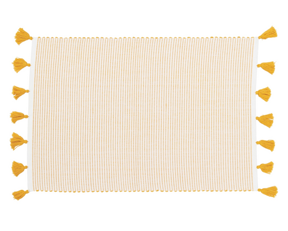 Mustard yellow striped placemat with tassels

The life of the party has arrived. With subtly contrasting vertical stripes and a fringe of lively tassels to match, this placemat easily enlivens any tabletop. Hand-loomed to create a ribbed texture and then stonewashed, these techniques create a unique surface that is just waiting to show off your snacks, cupcakes, or even a simple Wednesday night dinner. 

Materials:
100% Cotton

Dimensions:
14