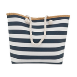 Navy and white striped tote bag with rope handles on a white background