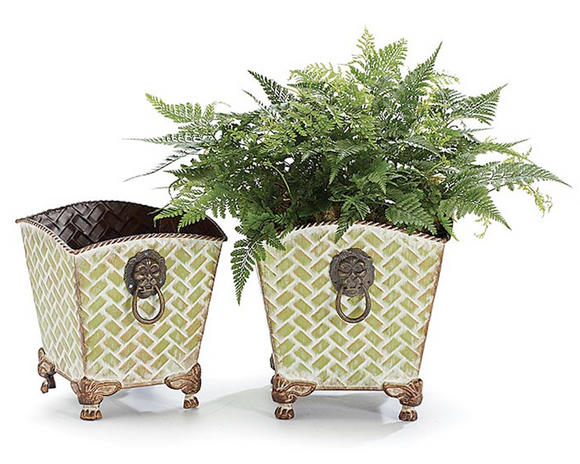Green ornate raised tin nested planters