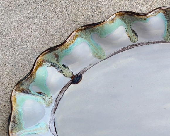 Blue & brown handmade platter with ruffle edge