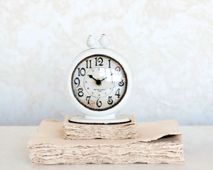 Distressed cream clock, Antique white clock, Vintage white clock, Shabby chic clock, Table clock with birds