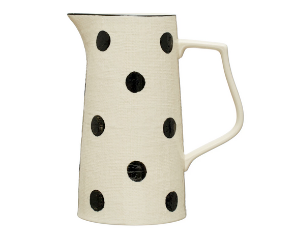 Black and cream stoneware pitcher, Black polka dot with linen style background, Rustic farmhouse serveware, Kitchen decor, Party supplies, Southern living, JaBella Designs, Shopify