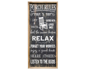 Rustic 'Porch Rules' wooden sign

Add charm to your front porch with this adorable sign. It features a black distressed background, white lettering, and natural wood frame. This is a great choice for housewarming gift.

Materials:
Wood

Dimensions:
13 1/2" wide x 31" long