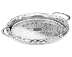 Queen Anne silver-plated round gallery tray

Add traditional style to your dining room with this gorgeous silver tray. The intricate openwork gallery edge, paired with two sturdy handles and ball feet, adds a touch of timeless sophistication. Crafted in the classic Queen Anne style, the tray is non-tarnish, making it both beautiful and low-maintenance. Simply wipe it with a soft microfiber cloth occasionally to maintain its shine. A stunning addition to any collection or decor setting.

Materials:
Silver-pl