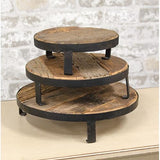 This collection of risers is perfect for any country decor. Each riser features recycled wood set on a raised metal base that is perfect for displaying potted florals, candles, primitive dolls, and framed pictures. It can also be used to display wrapped foods and treats. The possibilities are endless!