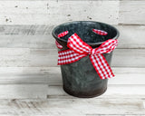 Silver galvanized metal pot cover with red white gingham ribbon, country holiday decorations