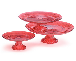 Display your favorite desserts in style with these gorgeous cake stands. Each cake stand features a raised red glass design that catches the light perfectly. These would also be perfect for the holidays.<br>