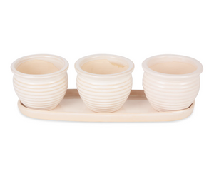 Cream ceramic small planter set

Growing herbs in your kitchen is easy and beautiful with this decorative ceramic pot set. This planter set will become a favorite piece that will last for years to come. It's the perfect gift to give to friends and family who enjoy gardening.

Materials:
Ceramic

Dimensions:
4 1/2" high x 4" deep x 13" wide
