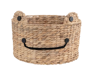 Frog basket, Hand-woven water hyacinth basket with frog face, Metal and natural basket, Round basket, JaBella Designs