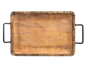 Rustic natural wooden tray with handles

Add a rustic and functional touch to your home with a natural bark edged serving tray showcasing an organic look and feel. With its cast iron side handles, and natural mango wood construction, it brings a warm feel to any decor. It is ideal for serving drinks and appetizers.&nbsp;

Materials:
Mango wood, iron

Dimensions:
10" wide x 1" deep x 14" long

Care:
Clean with damp cloth