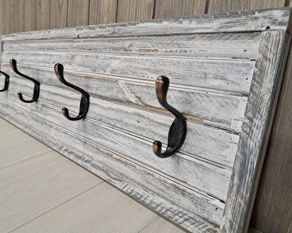 Vintage style whitewashed wood coat rack