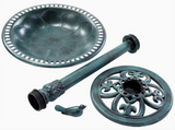 Decorative outdoor faucet set with bowl, spout, and decorative plate on a white background