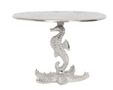 Decorative table with seahorse and alligator design on a white background