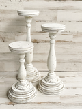 Handmade candle holders, PIllar candle holders painted in shades of white and brown then distressed, Made by JaBella Designs, Made in the USA, Etsy, JaBella Designs