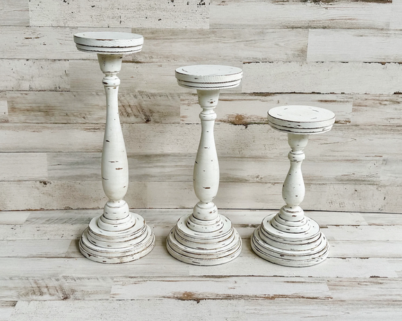 Hand-painted antique white candle holders, Handmade candleholders, Pillar candle holders painted in antique white and brown, Distressed candleholders, Distressed farmhouse white, Fixer Upper style, Made in the USA, JaBella Designs, Shopify, Etsy