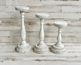 Pillar candle holders handmade by JaBella Designs in Tennessee, Antique white and brown candle holders, JaBella Designs, Etsy, Shopify