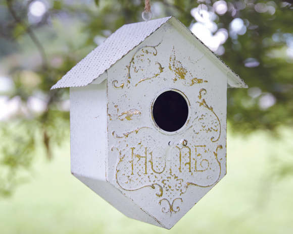 Shabby chic birdhouse, Cottage chic birdhouse, Birdhouses, White birdhouse with gold accents, JaBella Designs, Shopify