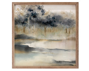 Framed 'Silent Waters' printed artwork featuring trees near lake, JaBella Designs