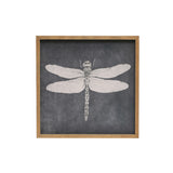 Add some fun to a patio wall or den with this fun piece of artwork. It features a white dragonfly atop a black background. The picture is featured in a brown wood frame. This print is perfect for summer decor or for year-round use. 15 3/4" square