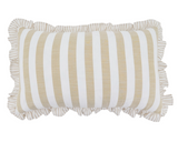 A rectangular decorative pillow with vertical beige and white stripes and ruffled trim on all sides, shown on a plain white background.