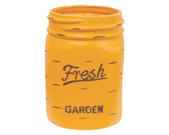  This planter is a painted enamel container that has a Ball mason jar design with a sunflower yellow finish that is contrasted by brown paint for a chipped and distressed look. The planter is embossed and reads, 