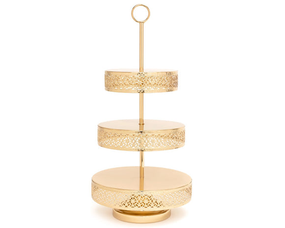 Make a statement at your wedding or next event with this gorgeous cake stand. It features an interlocking detail design along each tier and is topped with a matching round handle for easy transport. This piece really is quite pretty.  Materials: Metal  Dimensions: 12