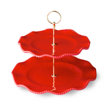 Red pearl ruffle round tiered serving tray
