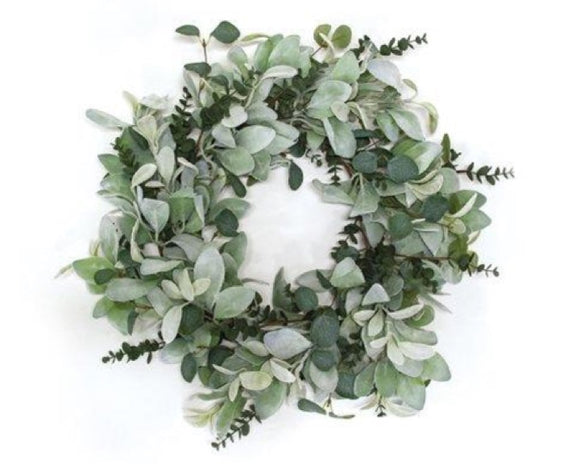 Artificial lamb's ear and eucalyptus wreath, Artificial greenery, Green wreath, Frosted green wreath, Year-round wreath, Faux greenery, JaBella Designs, Shopify, Southern Living style