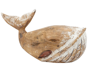 Large neutral beige &amp; white whale shelf sitter

This large decorative whale features a driftwood-inspired design made of natural wood with white painted accents and distressed details. The decorative white whale features aged metal for the fins and eyes. Our large whale shelf sitter is designed to free-stand on any flat surface making it easy to display. This is a great rustic beach-themed home accent that coordinates well with primitive home decor.

Materials:
Wood, metal
