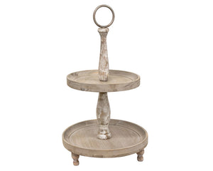 Weathered vintage style wooden tiered tray

This freestanding tiered tray features three wooden legs, two wooden tray tiers, and two distressed beams for support. The tray features a weathered finish with bits of faded white paint. It is perfect for displaying decorative fruit, fillers, and other decorative accessories.&nbsp;

Materials:
Wood

Dimensions:
12" diameter x 21" high