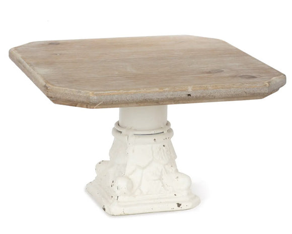 Whitewashed pedestal stand with ornate detailing  Whether used to display decorative pieces or as a cake stand, this gorgeous pieces is perfect for your shabby home. The base features a distressed white finish that is topped with a whitewashed tray. Pictures do not do this justice.  Materials: MDF, resin  Dimensions: 6