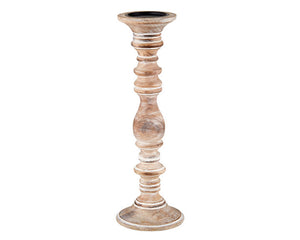 This stylish natural wood candle holder is a safe way to display candles for dinner and great for any occasion. It features a whitewashed finish to give it an aged look. These would look great on a fireplace mantel.&nbsp;

Materials:
Mango wood

Dimensions:
6" diameter x 18" high