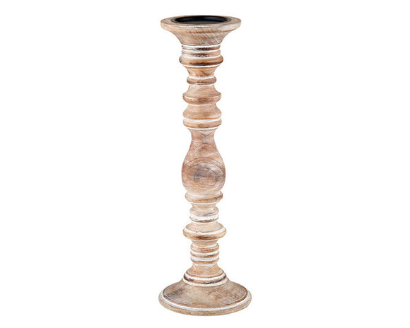 This stylish natural wood candle holder is a safe way to display candles for dinner and great for any occasion. It features a whitewashed finish to give it an aged look. These would look great on a fireplace mantel. 

Materials:
Mango wood

Dimensions:
6