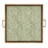 Decorative tray with floral pattern and gold handles on a white background