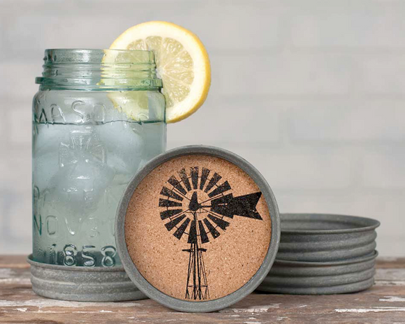 Serve your tea up in country style this summer with these adorable coasters. Made using mason jar style lids, these cork coasters have a black windmill design in the middle. These coasters are also a great option for gift bags. 