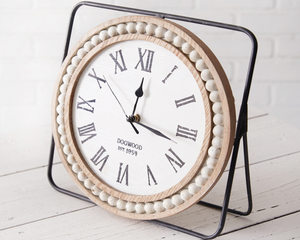 Table clock, White beaded clock, Tan wood clock with black metal frame, Farmhouse clocks, Fixer Upper style, JaBella Designs, Shopify