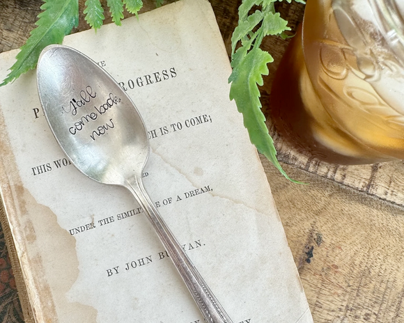 Add whimsical charm to your dinnerware collection with this hand-stamped vintage spoon. Each vintage spoon is hammered and stamped with the phrase, 