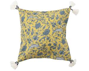 Blue &amp; chartreuse yellow floral throw pillow

This whimsically farmhouse throw pillow features a bold floral pattern on cotton. It is finished with decorative yarn-wrapped tassels. Express your constantly evolving style with the simple addition of this eye-catching pillow. The pillow cover is removable and comes with a hidden zipper closure.&nbsp;

Materials:
Cotton, polyester fill

Dimensions:
18" square

Care:
Machine washable on gentle cycle