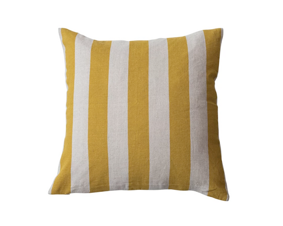 Brighten up a reading chair with this brightly colored pillow. Featuring an antique yellow and creamy natural striped design, this cotton throw pillow will coordinate with all sorts of styles. Pair with greens and pinks for a happy space that delights the eyes.<br>