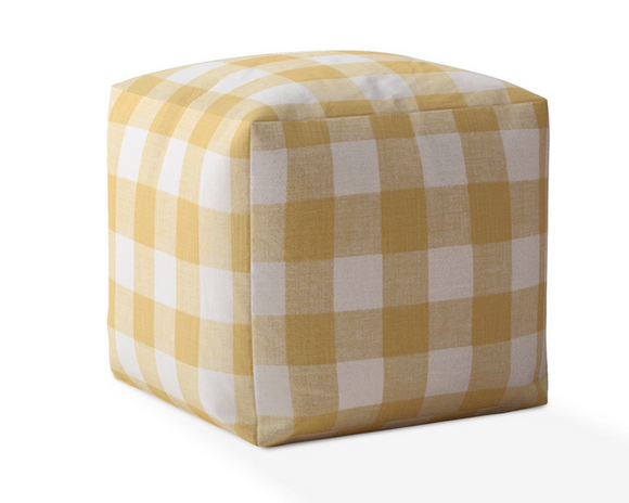 Classic upholstered yellow gingham pouf