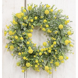 This vibrant floral wreath features plastic woollyheads, eucalyptus leaves, and greenery with a dusted finish. The wreath is set on a plastic base, and it is easily hung on a covered door with a wreath hanger or hung on a wall by a nail. This is a lovely choice every season.