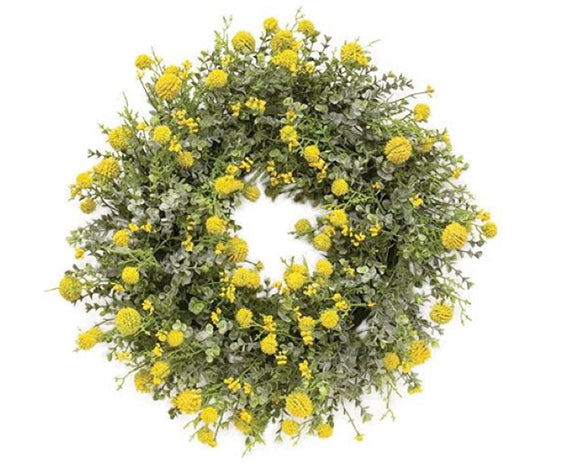 This vibrant floral wreath features plastic woollyheads, eucalyptus leaves, and greenery with a dusted finish. The wreath is set on a plastic base, and it is easily hung on a covered door with a wreath hanger or hung on a wall by a nail. This is a lovely choice every season.