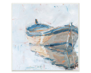 Abstract row boat artwork  Featuring an abstract design of a classic row boat, this print is perfect for a beach house or cabin. Designed by artist Ethan Harper, each piece is hand-finished. It comes with a fresh layer of foil on the sides to give it a crisp clean look. This would be a great birthday gift.  This item is proudly made in the USA.  Materials: Wood, canvas  Dimensions: 12" wide x 1/2" deep x 12" high