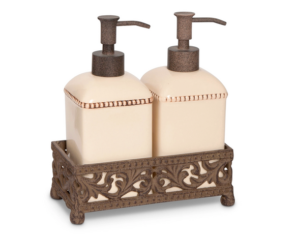 Ornate cream acanthus soap & lotion dispenser set

This lovely scrolled acanthus leaf soap and lotion set will make an elegant addition to your bathroom or kitchen. This beautiful set includes a brown cast aluminum base which features an openwork frieze design with a vintage scrolling leaf motif. They are made from high-quality ceramic in a lovely cream finish and will hold 12 ounces of your favorite scented soaps. This set is not dishwasher safe, but it can easily be cleaned with mild dishwasher soap a
