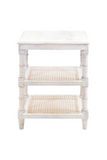 White side table with wicker shelves on a white background