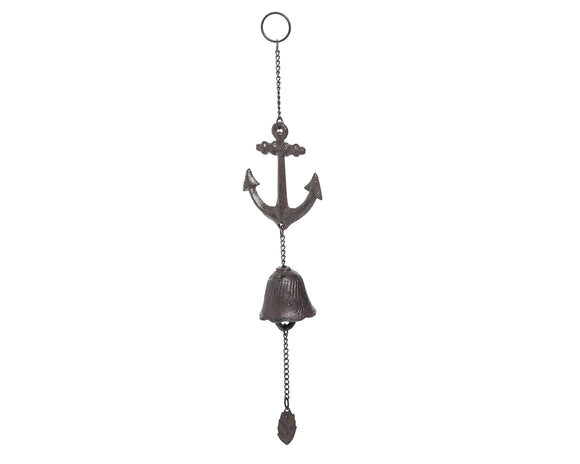 Decorative metal anchor with bell wind chime on a white background