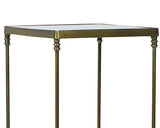 Antique brass side table with glass top

Refined and airy, this table is square with both upper and lower shelves. The table has an antique brass frame and features antiqued glass on both upper and lower shelves. This is a perfect piece for a small bedroom or hallway.

Materials:
Metal, glass

Dimensions:
12" wide x 12" deep x 24" high