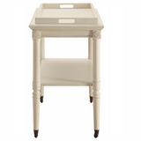 French country style antique white tray table

Featuring a removable tray and lower open storage, this table has fitted metal casters for easy mobility in a style designed to tie in with the table design. It will coordinate beautifully with traditional and Southern-inspired styles.

Materials:
Wood, rubber, metal

Dimensions:
25 1/2" wide x 33 3/4" high&nbsp;