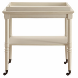 French country style antique white tray table

Featuring a removable tray and lower open storage, this table has fitted metal casters for easy mobility in a style designed to tie in with the table design. It will coordinate beautifully with traditional and Southern-inspired styles.

Materials:
Wood, rubber, metal

Dimensions:
25 1/2" wide x 33 3/4" high&nbsp;
